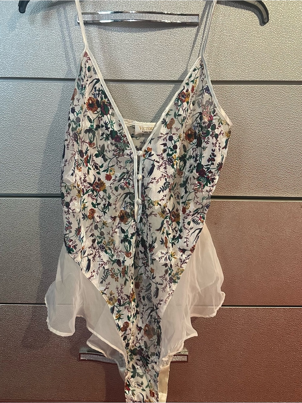 Victoria's Secret White Floral Lace-Up Sheer-Trim Bodysuit